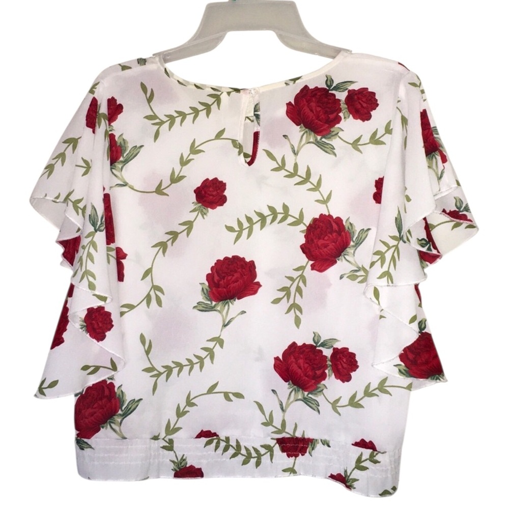 Women’s White Sheer Blouse w/ Red Rose Print - Picture 2 of 4